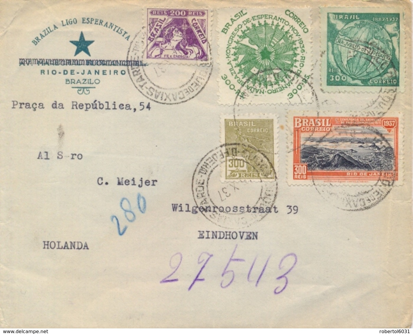 Brazil 1937 Cover To Netherlands With 200 Reis + 4 X 300 Reis Esperanto Congress And 50th Anniversary - Esperanto