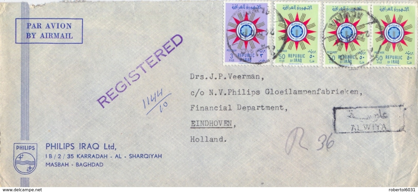Iraq 1961 Registered Airmail Cover To Netherlands With Coat Of Arms 3 Fils + 3 X 50 Fils - Iraq