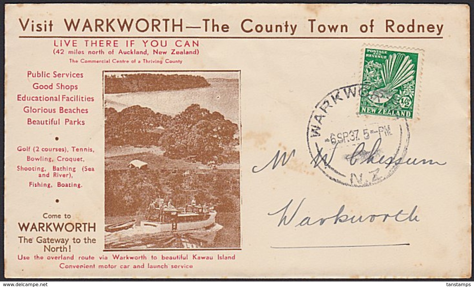 NEW ZEALAND 1937 PICTORIAL TOURISM ENVELOPE WARKWORTH - Cartas & Documentos