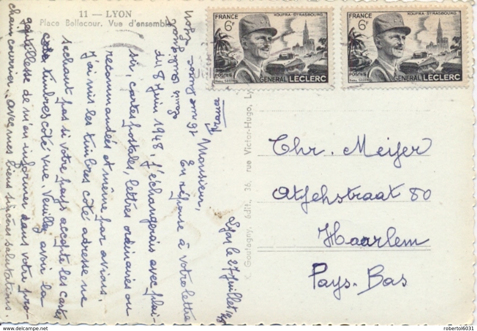 France 1948 Picture Postcard To Netherlands With 2 X 6 F. General Leclerc - Seconda Guerra Mondiale