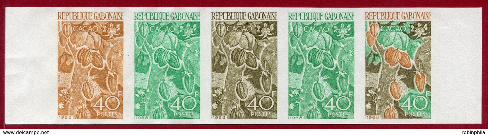 Gabon 1968 #233, Color Proof Stripe Of 5, Cacao, Food - Gabon (1960-...)