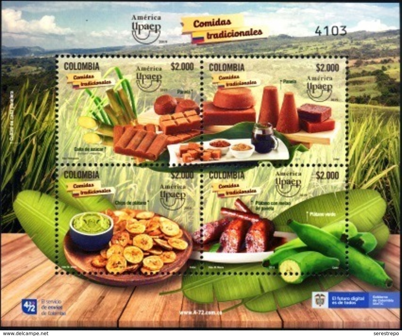 COLOMBIA CO051:54.19.10.09 [HF100-3094:3097-HF:6 ] América UPAEP 2019 Comidas Tradicionales - Souvenir Sheet New - Colombia