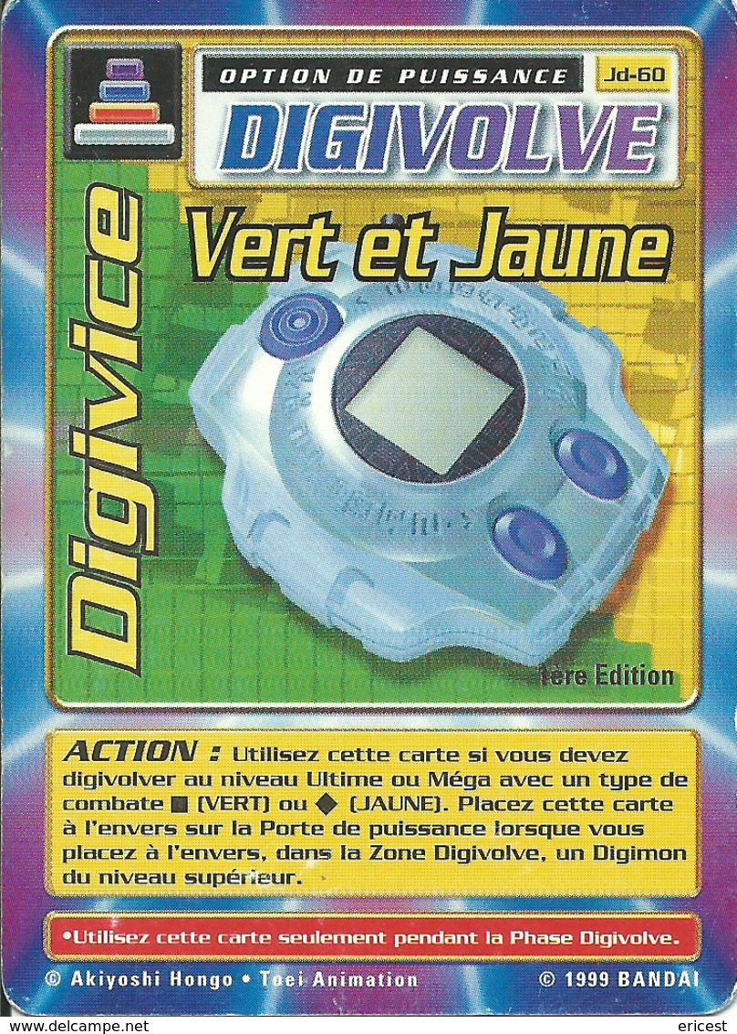 B - CARTE DIGIMON DIGIVOLVE DIGIVICE VERT ET JAUNE 1ERE EDITION JD-60 FR ETAT COURANT - Autres & Non Classés