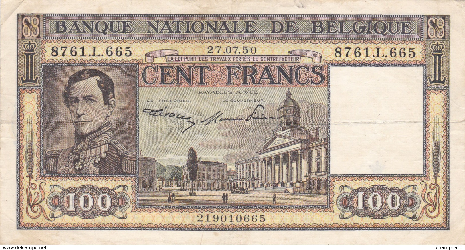 Belgique - Billet De 100 Francs - Léopold Ier - 27 Juillet 1950 - P126 - 100 Frank