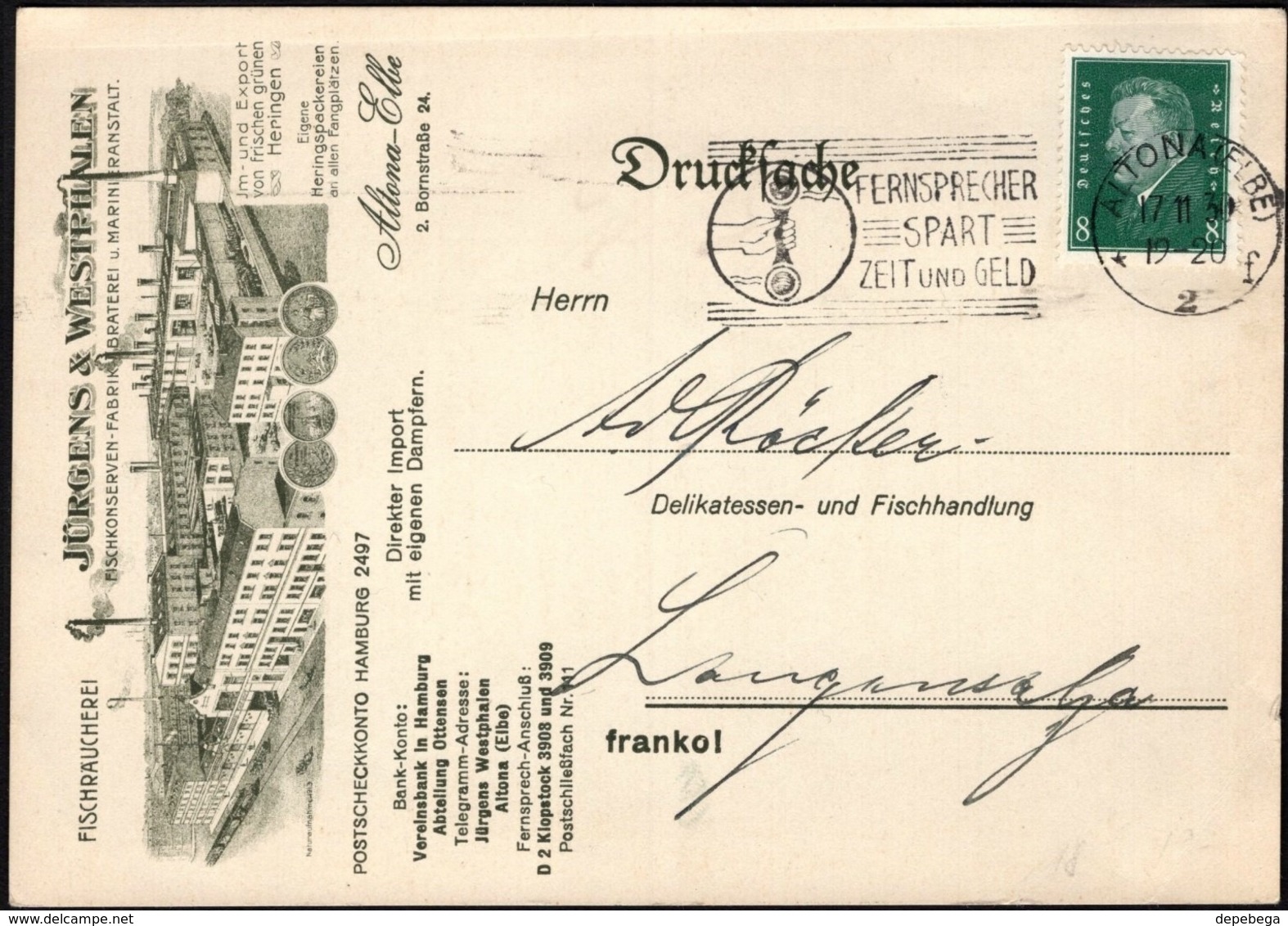 Germany - Drucksache, 'Jurgens & Westphalen - Fischräucherei, Fischkonserven Fabrik'. ALTONA (Elbe) 17.11.1930. - Covers & Documents