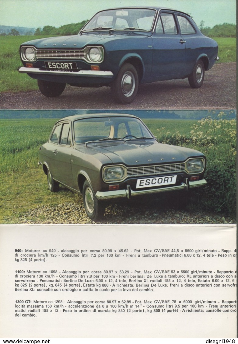 08736 "FORD ESCORT - 940 STANDARD / DE LUXE - 1100 DE LUXE / ESTATE - 1300 GT" PIEGHEV. PUBBL. ORIG. IN LINGUA ITALIANA - Pubblicitari