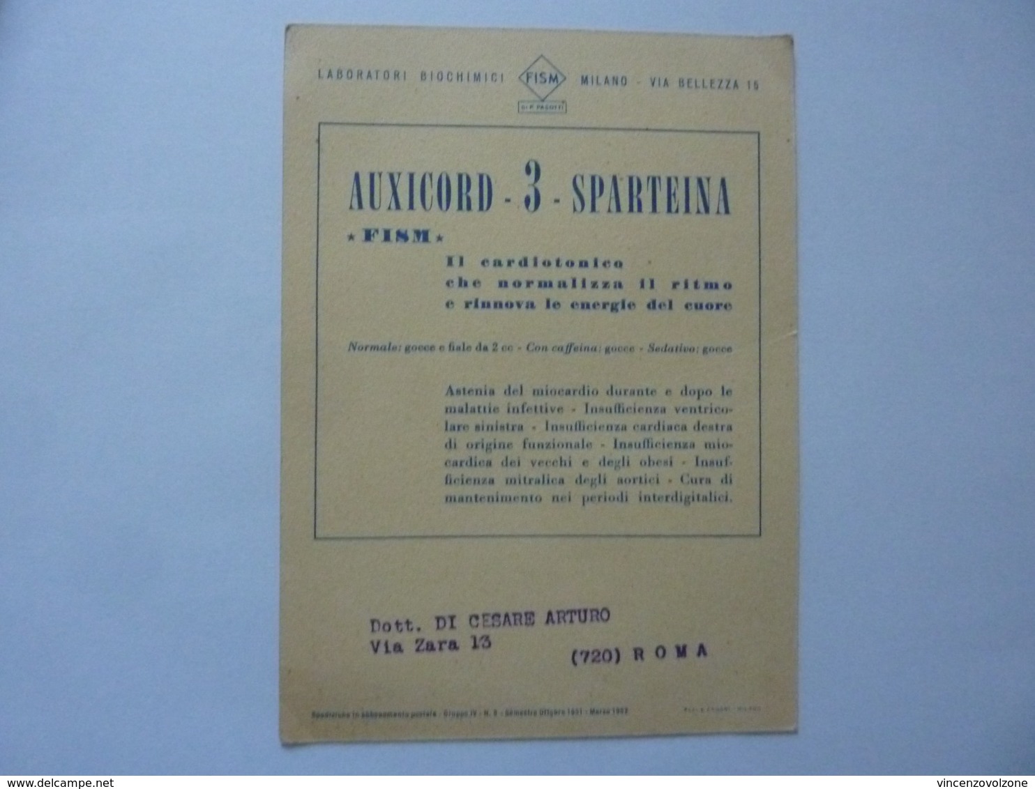 Cartoncino Pubblicitario Spedito Per Posta  "AUXICORD  3 SPARTENA Laboratori Biochimici FISM Milano" 1952 - Pubblicitari