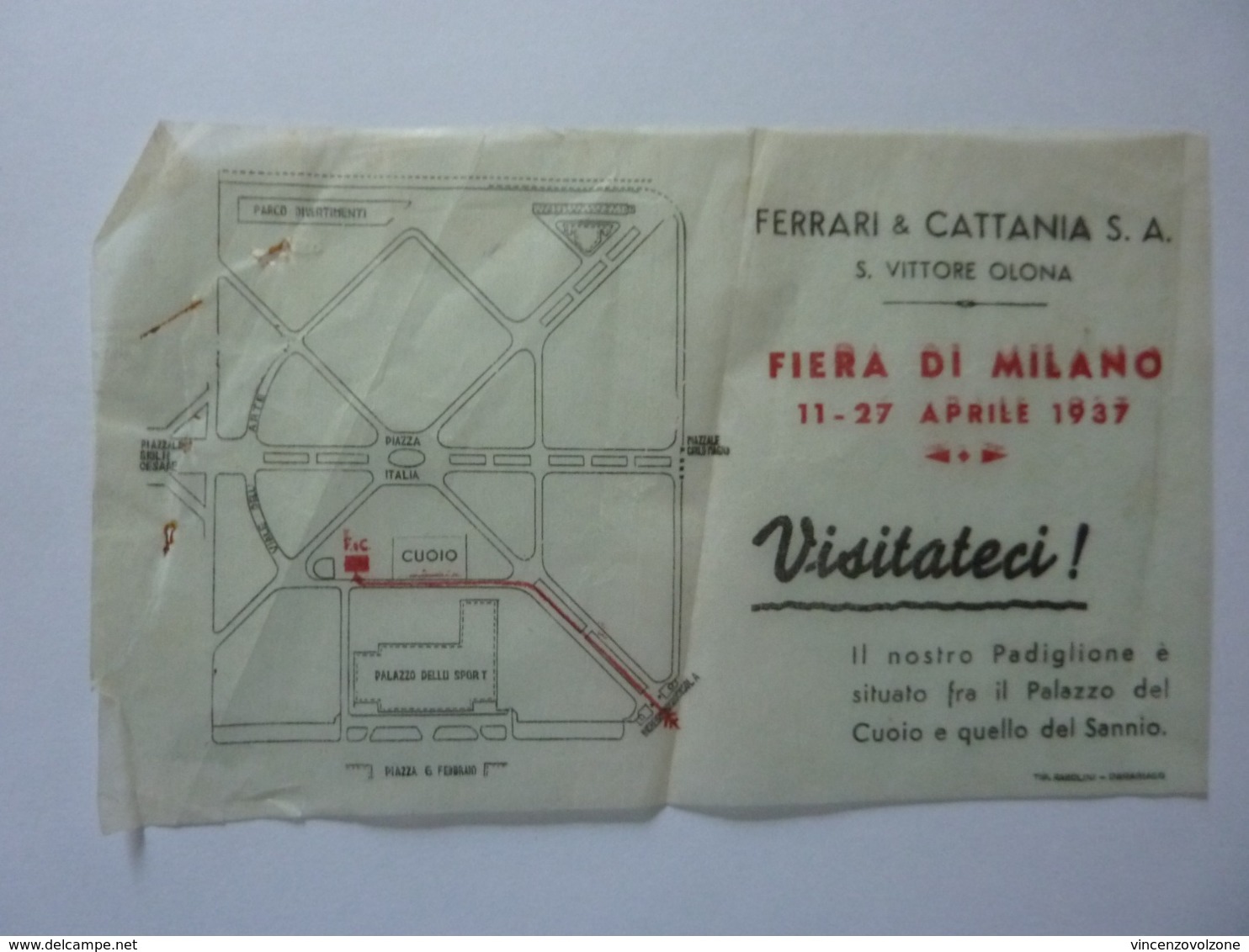 Volantino Pubblicitario Su Carta Velina "FERRARI & CATTANIA S.A. S. VITTORE OLONA  FIERA DI MILANO 1937" Strappo - Pubblicitari