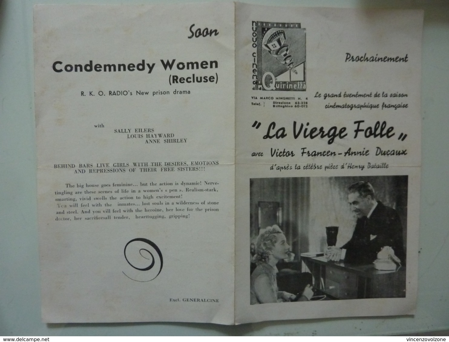 Pieghevole Pubblicitario "NUOVO CINEMA QUIRINETTA Roma  - LA VIERGE FOLLE Saison Cinematographique Francaise" 1938 - Programmi