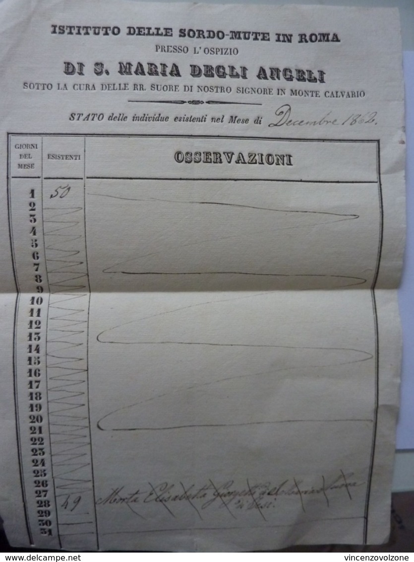 Documento "ISTITUTO DELLE SORDO MUTE IN ROMA  - STATO DELLE  INDIVIDUE ESISTENTI NEL MESE DI DICEMBRE 1862" - Documenti Storici