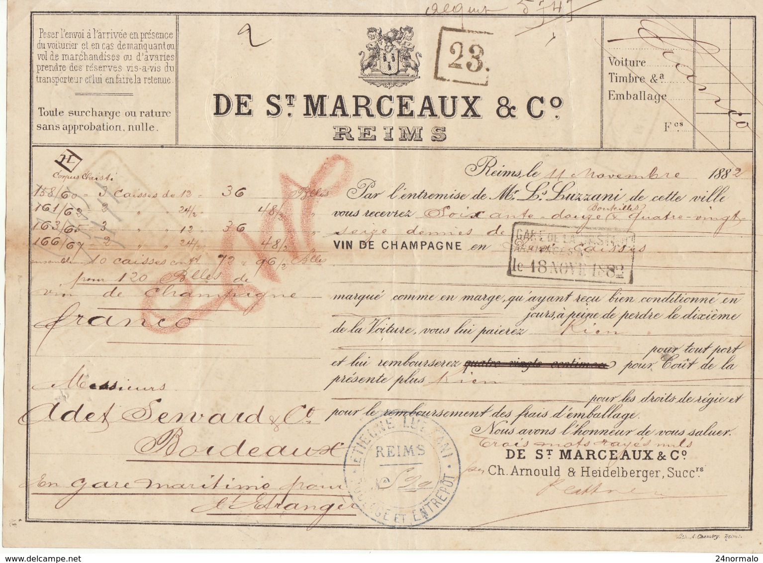 Lettre De Voiture De St Marceaux & Co Reims Marne Vin De Champagne 1882 -> Bordeaux - Verkehr & Transport
