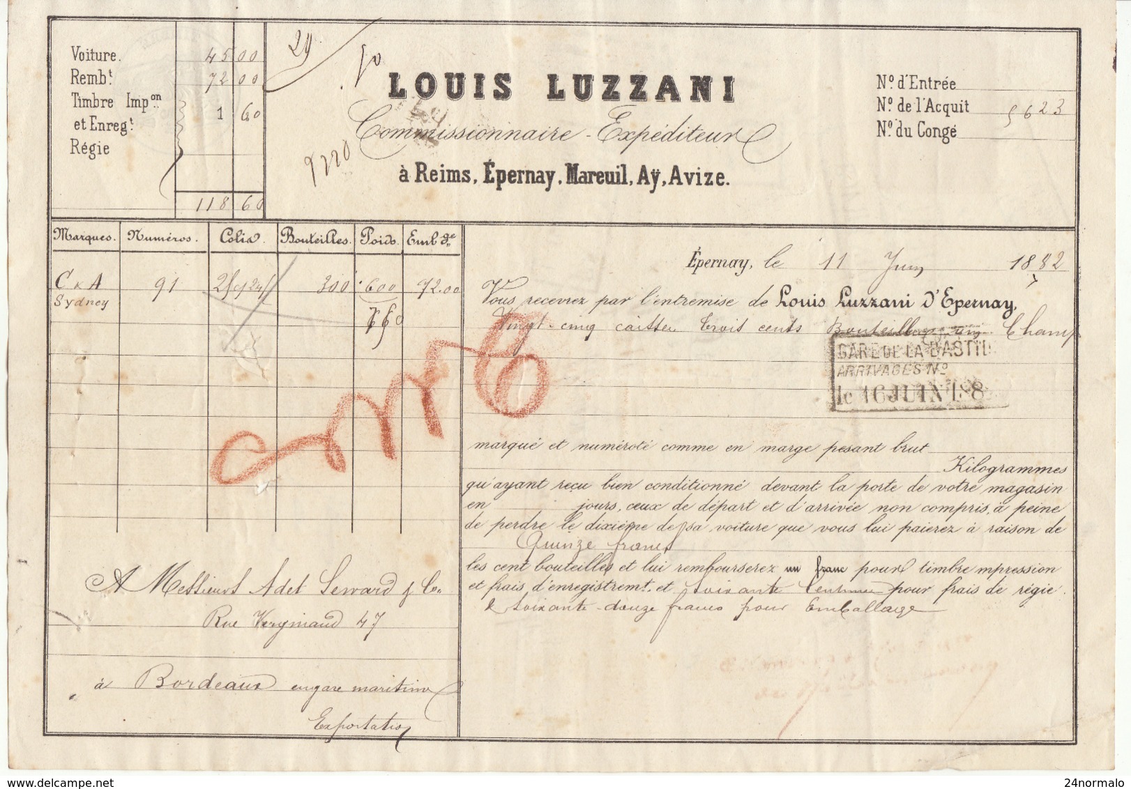 Lettre De Voiture Louis Luzzani Reims Epernay... Marne Bouteilles Vin De Champagne1882 -> Bordeaux - Transports
