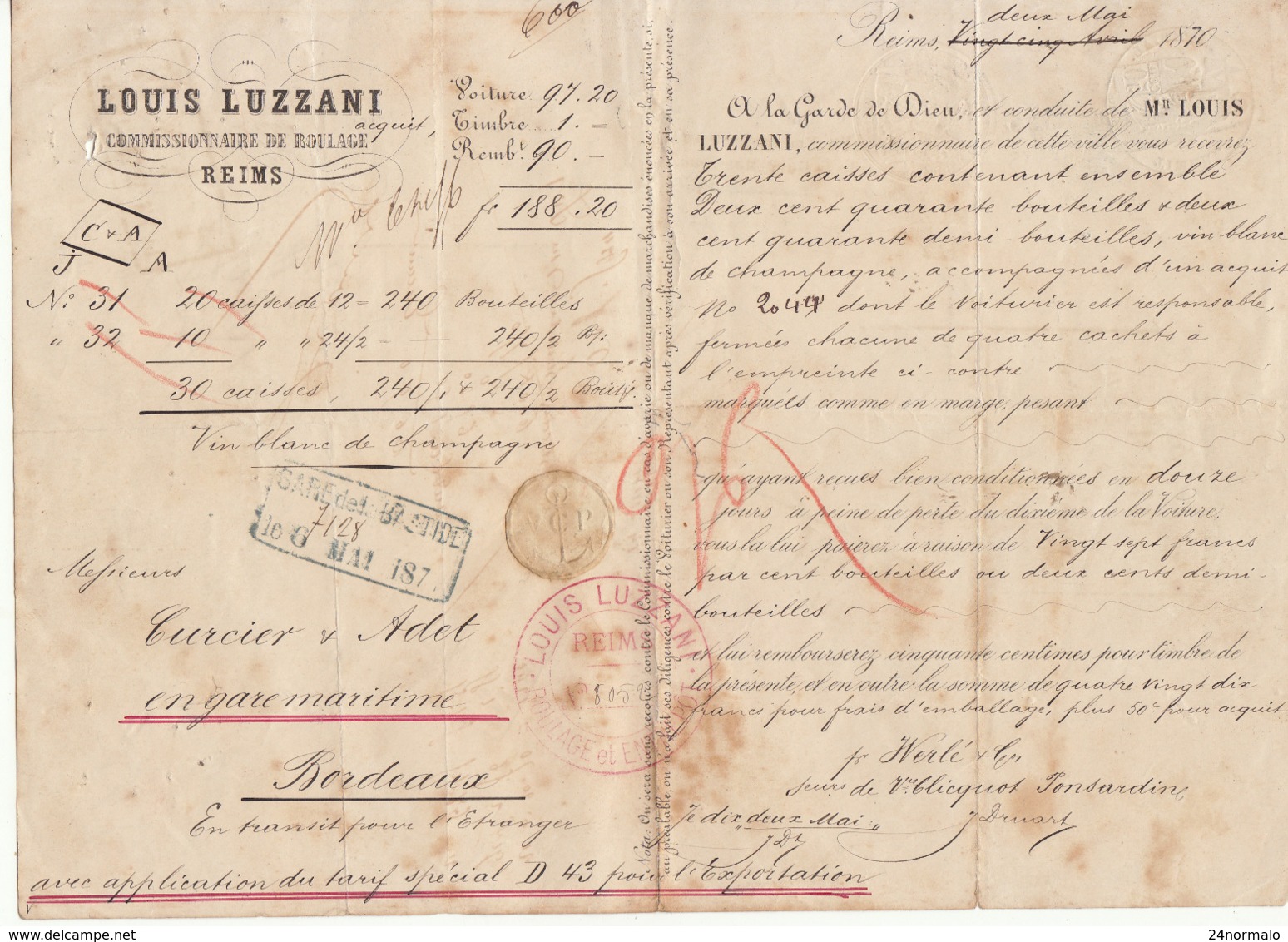 Lettre De Voiture Louis Luzzani Marne Bouteilles Vin Blanc De Champagne1870 -> Bordeaux - Transports