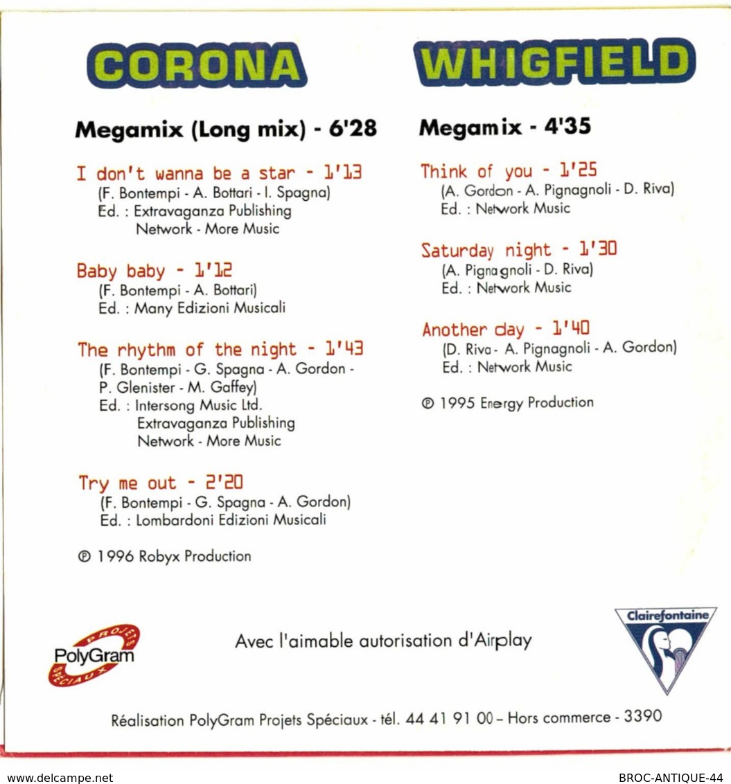 CD N°1953 - MEGAMIX PARTY - CORONA & WHIGFIELD - COMPILATION 7 TITRES PUB POUR CLAIRFONTAINE - Dance, Techno & House