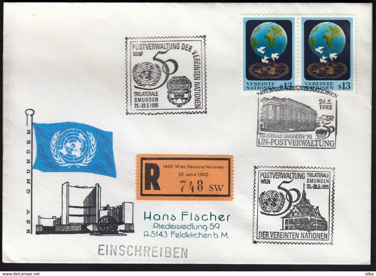 United Nations Wien Vienna 1995 / TRILATERALE, Gmunden / Philatelic Exhibition / Cachet Cancel / R Letter - Esposizioni Filateliche