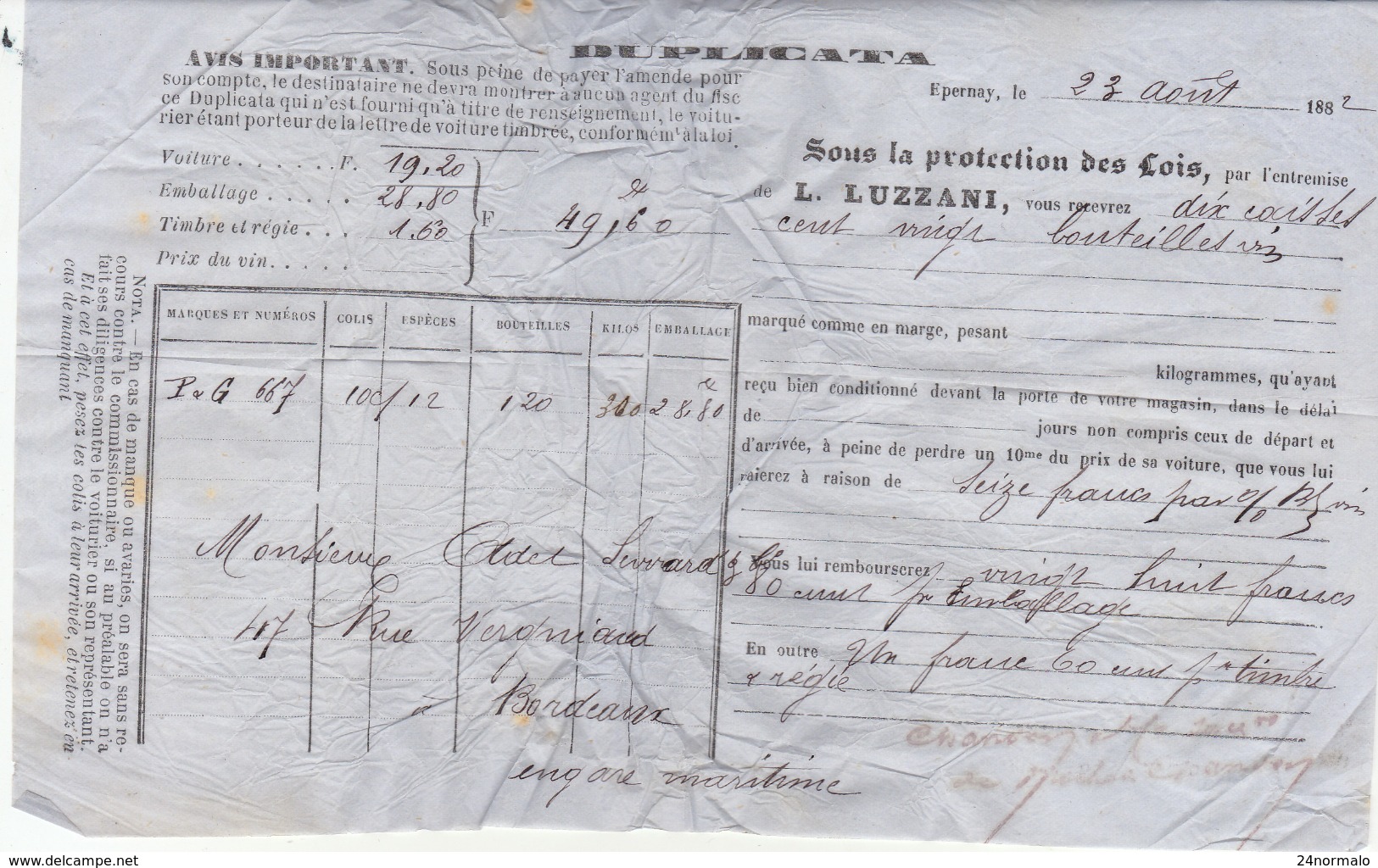 Lettre De Voiture Duplicata Louis Luzzani Reims Epernay Marne Bouteilles Vin 1882 -> Bordeaux - Transport