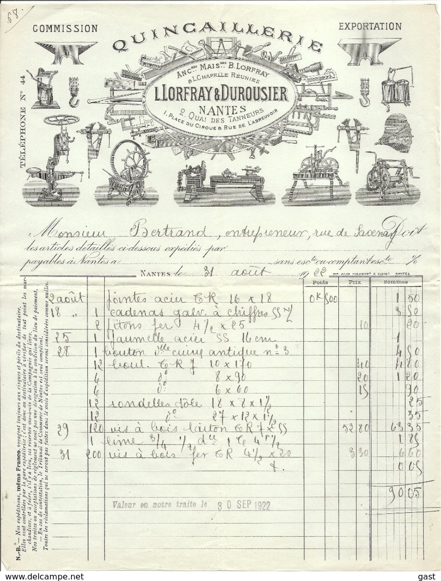 44  NANTES   L. LOFRAY &  DUROUSIER  QUINCAILLERIE   2 QUAI DES  TANNEURS   TEL  44 - Autres & Non Classés