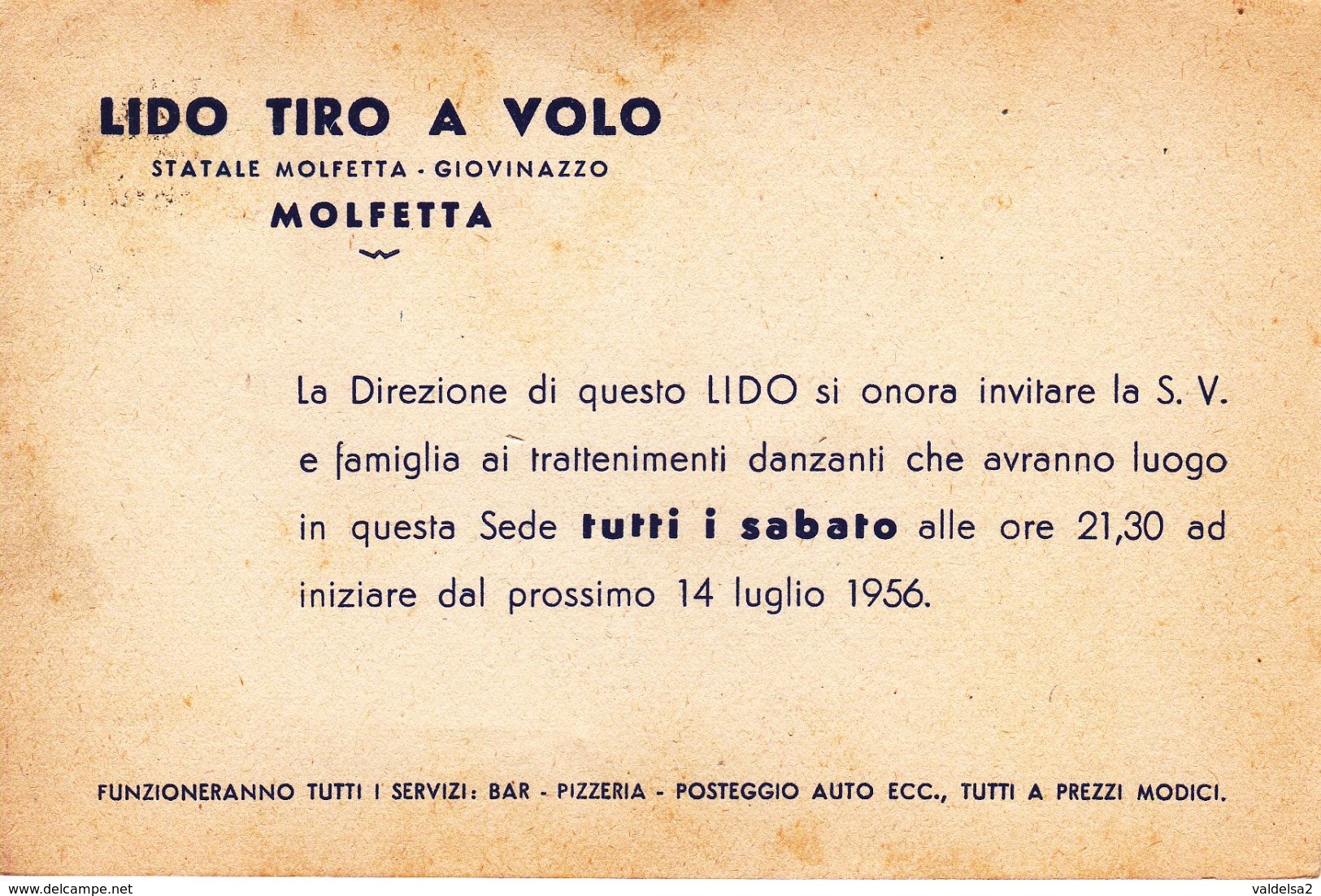 MOLFETTA - BARI - LIDO TIRO A VOLO - SERATE DANZANTI - STATALE MOLFETTA / GIOVINAZZO - 1956 - Molfetta