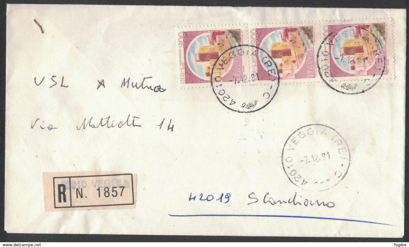 QS283   Storia Postale 1981 Racc.da Veggia Per Scandiano  Castelli £.300 X3 - 1981-90: Marcophilia