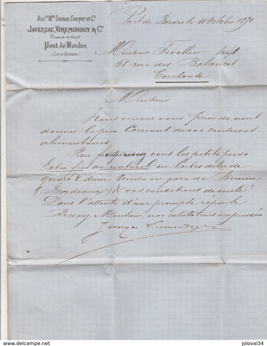 France Yvert 29 Lettre Entête Javerzac Pont De Bordes Cachet LAVARDAC Lot Et Garonne 11/10/1870 GC 1988 à Toulouse 31 - 1849-1876: Période Classique