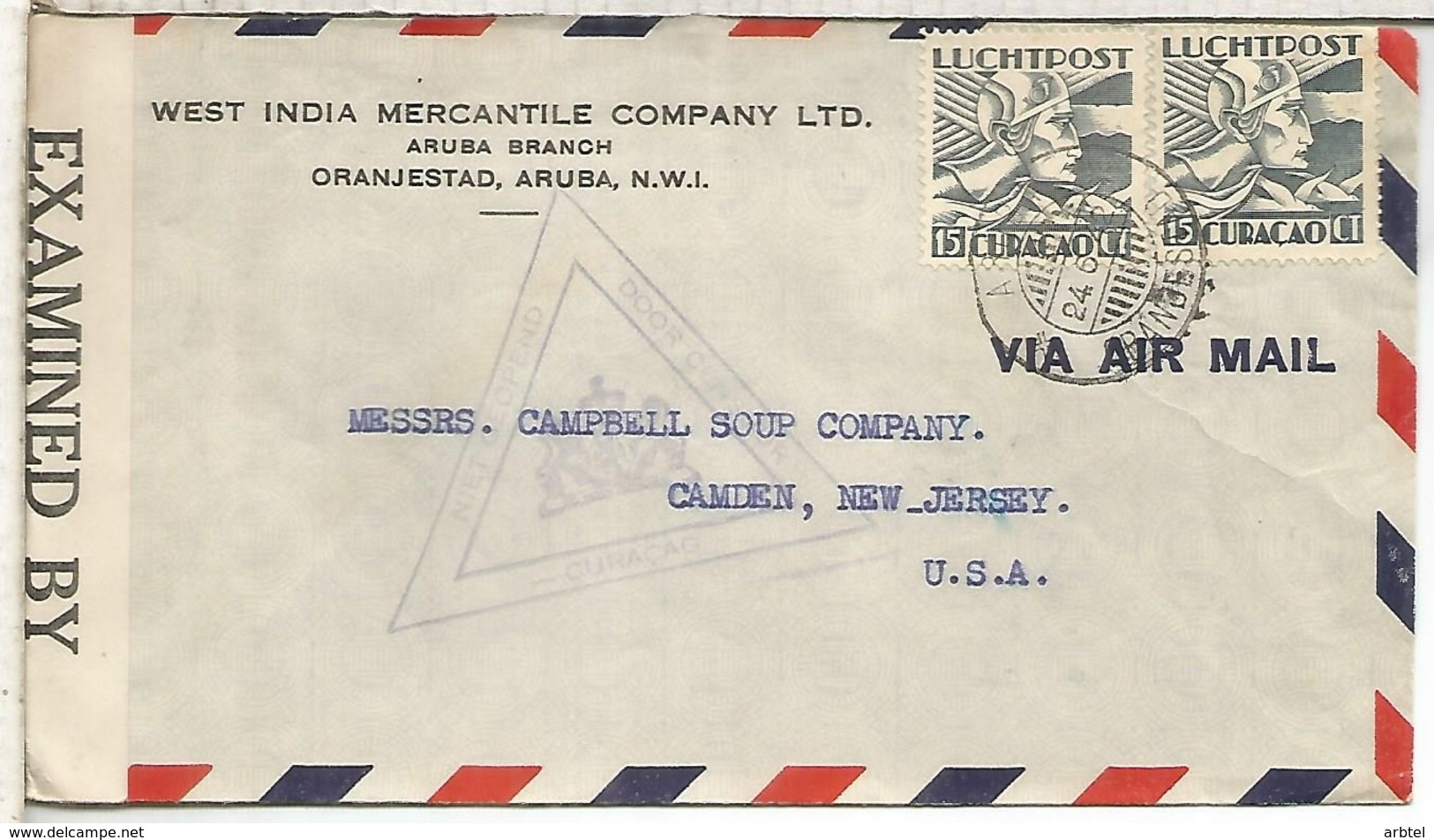 CURAÇAO CC A USA CENSURA USA Y HOLANDESA ARUBA 1943 - Curacao, Netherlands Antilles, Aruba