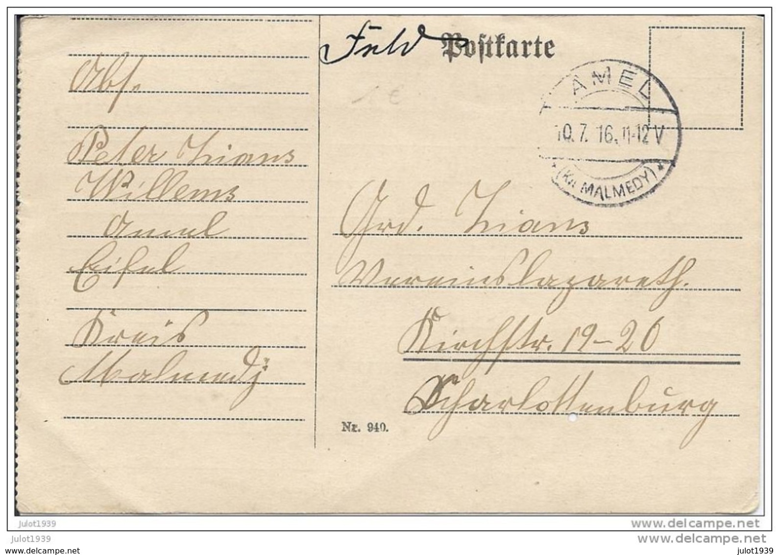 AMEL ..-- FELDPOST . MILITARIA . Document 1916 ( PETER ZIANS WILLEMS , AMEL ) . Voir Verso . - Amel