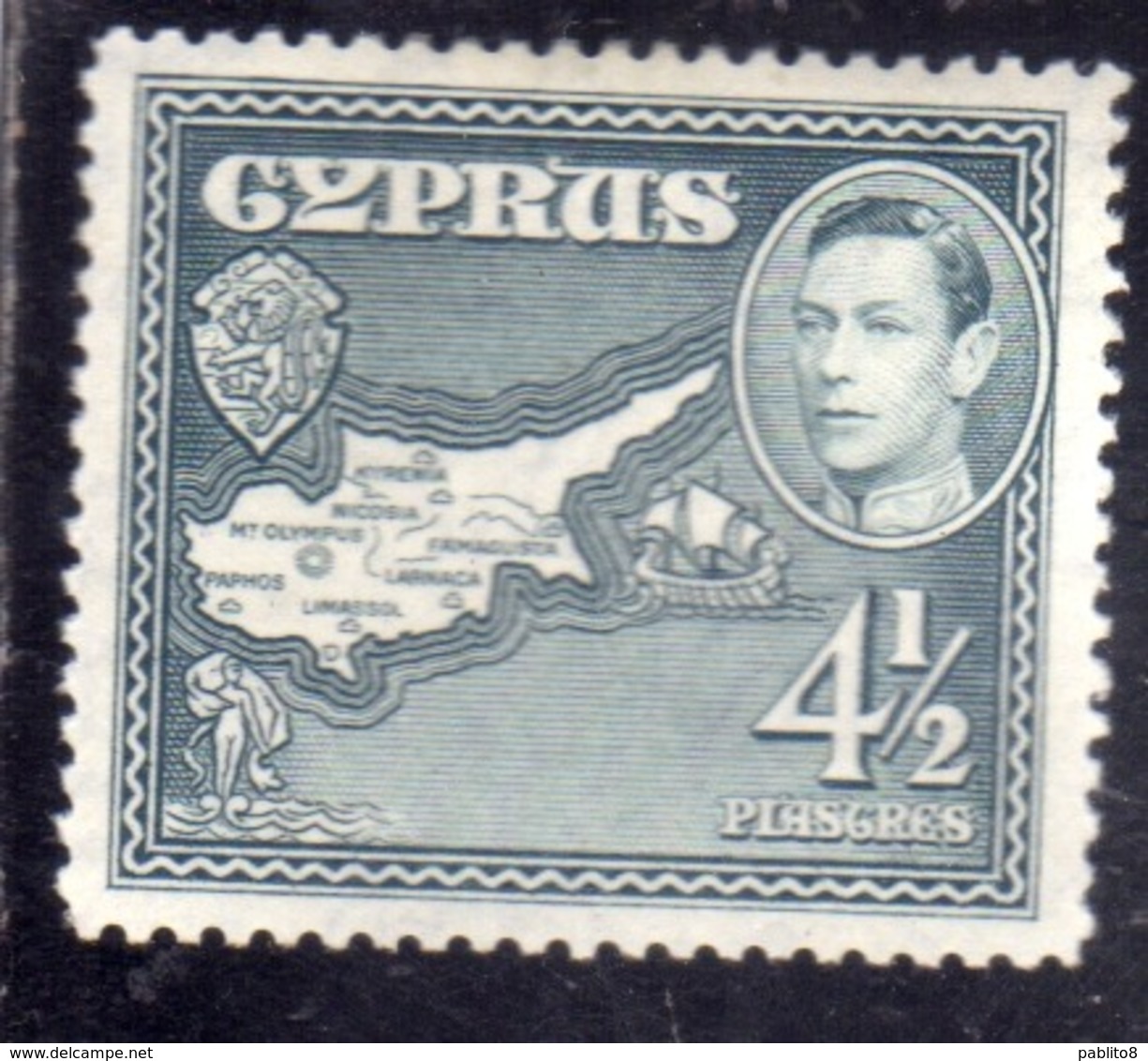 CYPRUS CIPRUS CIPRO 1938 1944 1942 KING GEORGE VI RE GIORGIO MAP CARTINA 4 1/2pi MNH - Cipro (...-1960)