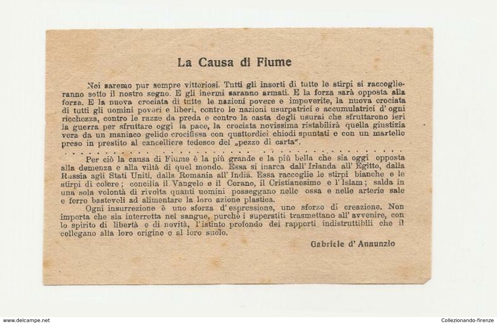 Foglietto La Causa Di Fiume “ Noi Saremo Pur Sempre Vittoriosi…Gabriele D'Annunzio” - Documenti Storici