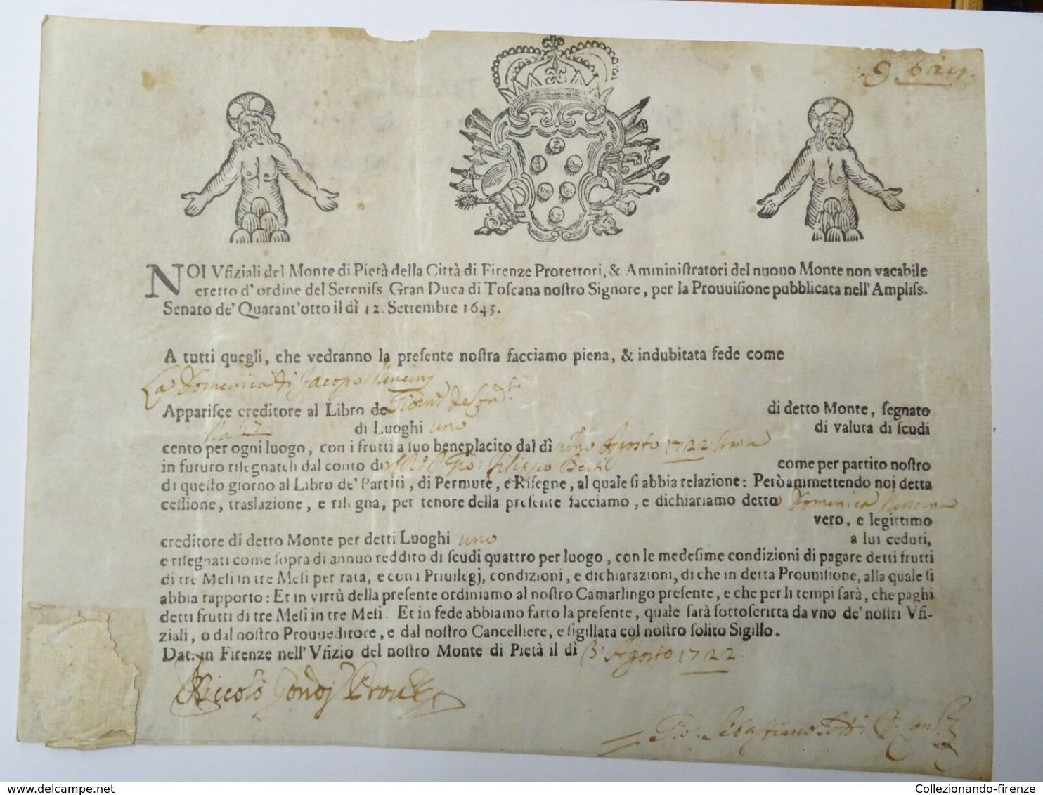 Certificato Di Credito Nominativo Di Luoghi 1 Da Scudi 100 Ciascuno, Firenze Agosto 1722 - Documenti Storici