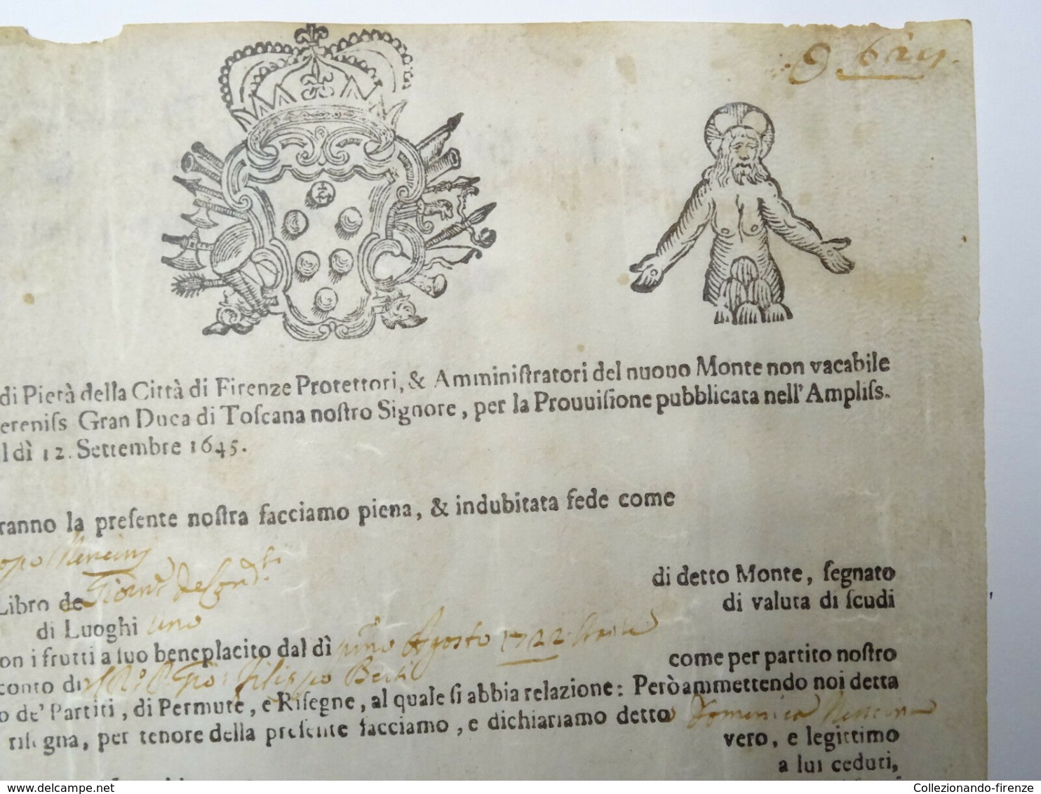 Certificato Di Credito Nominativo Di Luoghi 1 Da Scudi 100 Ciascuno, Firenze Agosto 1722 - Documenti Storici