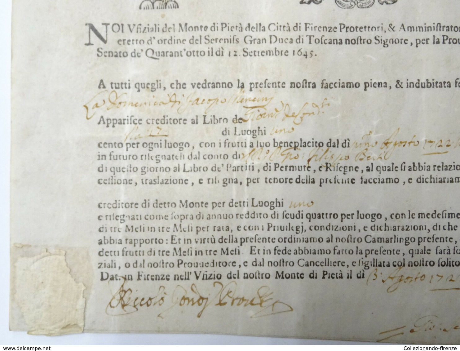 Certificato Di Credito Nominativo Di Luoghi 1 Da Scudi 100 Ciascuno, Firenze Agosto 1722 - Documenti Storici