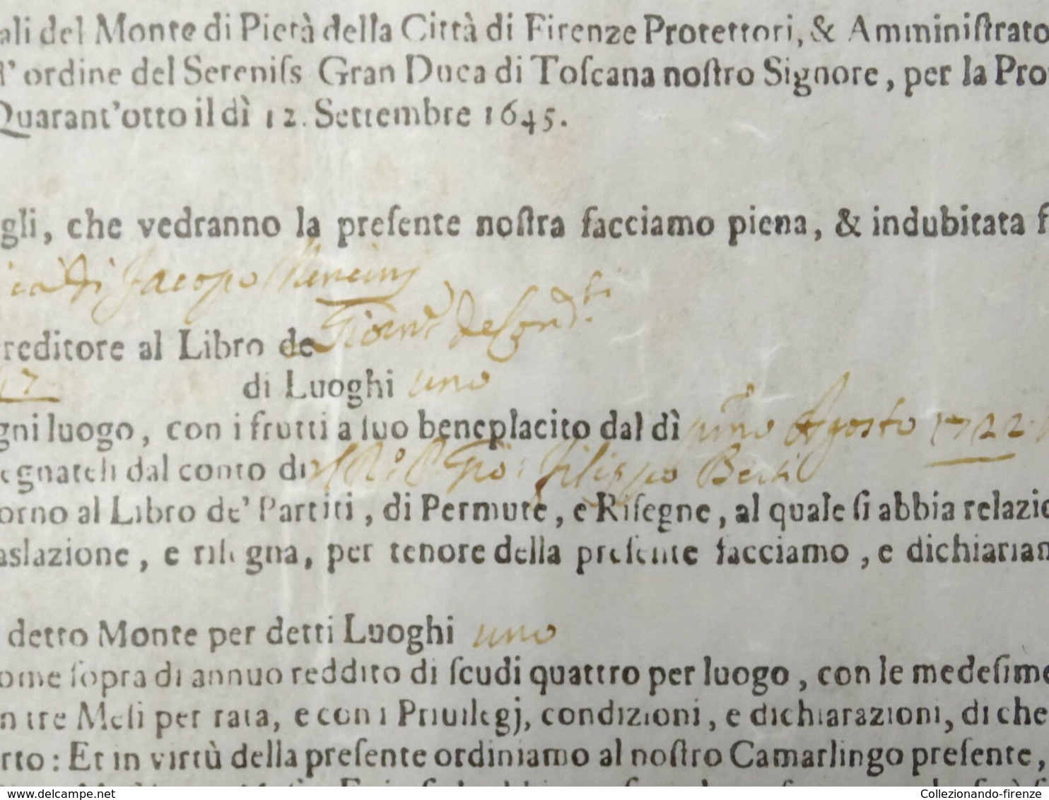 Certificato Di Credito Nominativo Di Luoghi 1 Da Scudi 100 Ciascuno, Firenze Agosto 1722 - Documenti Storici