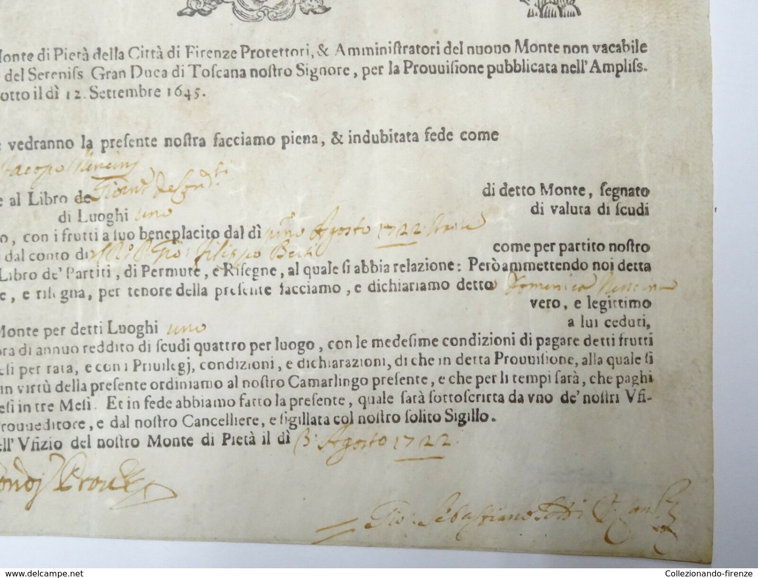 Certificato di credito nominativo di Luoghi 1 da Scudi 100 ciascuno, Firenze Agosto 1722