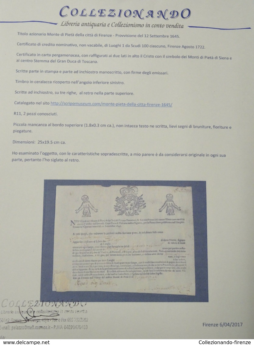 Certificato di credito nominativo di Luoghi 1 da Scudi 100 ciascuno, Firenze Agosto 1722