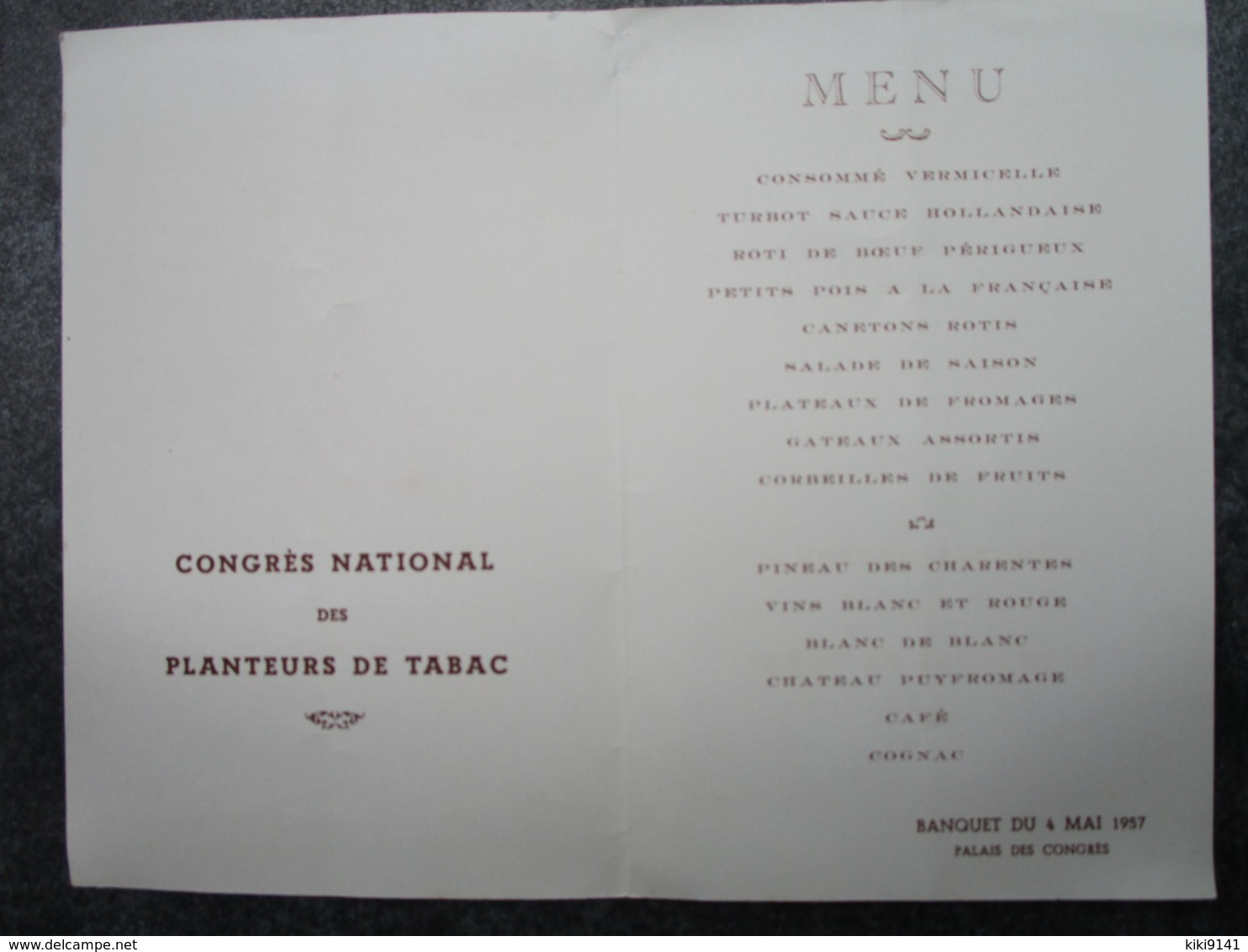 CONGRES NATIONAL Des PLANTEURS De TABAC - Menu Du Banquet Au Palais Des Congrès De ROYAN - Other & Unclassified