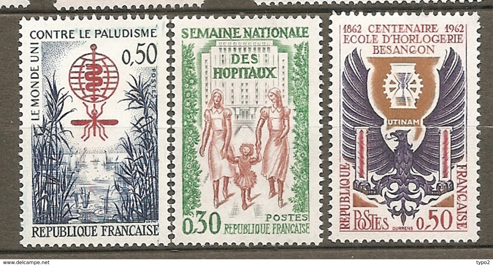 1962 Yv. N° 1338,1339, 1342   ** MNH  Paludisme,hôpitaux,horlogerie  Cote  1,5  Euro TBE - Ungebraucht