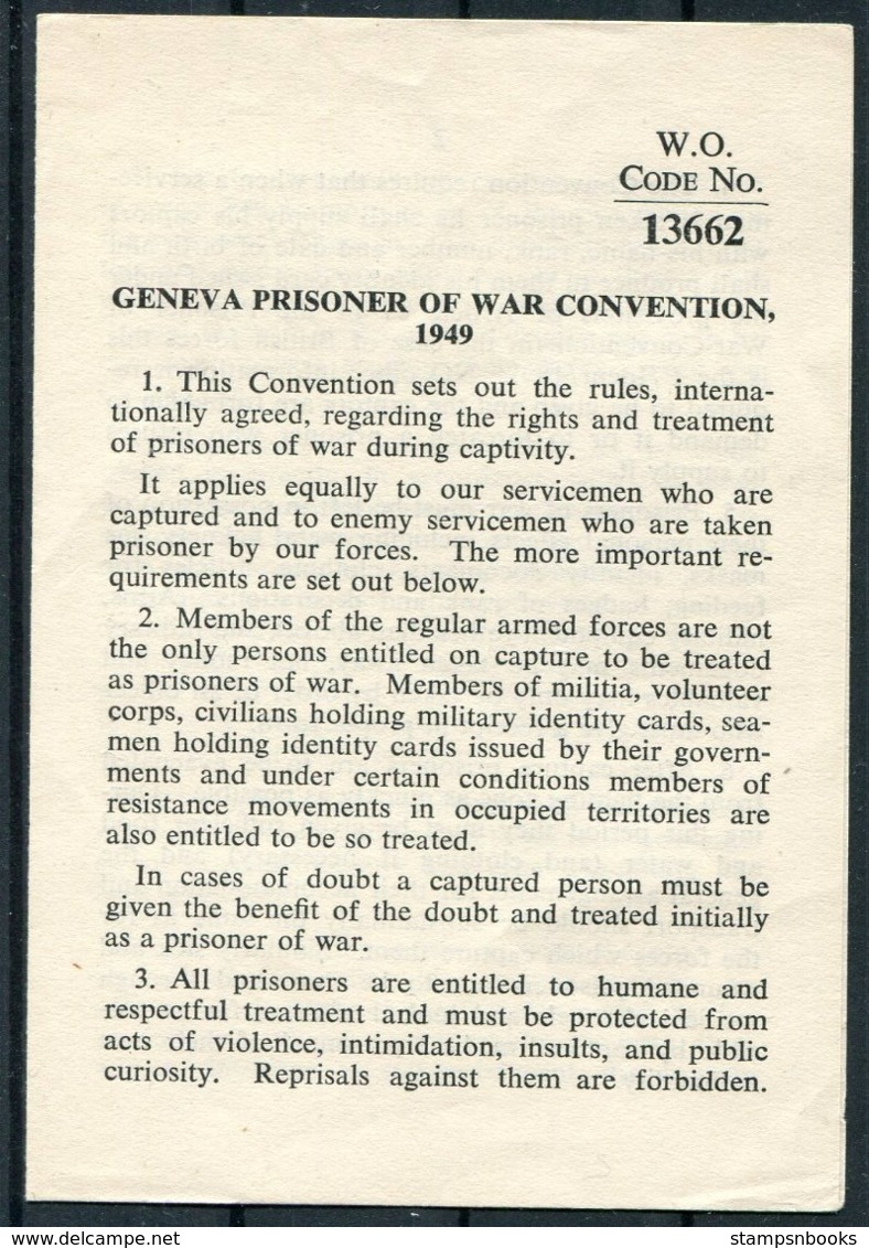 GENEVA PRISONER OF WAR CONVENTION 1949. British WAR OFFICE (1962?) Document - Decrees & Laws