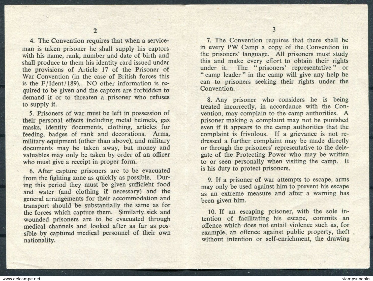 GENEVA PRISONER OF WAR CONVENTION 1949. British WAR OFFICE (1962?) Document - Decrees & Laws