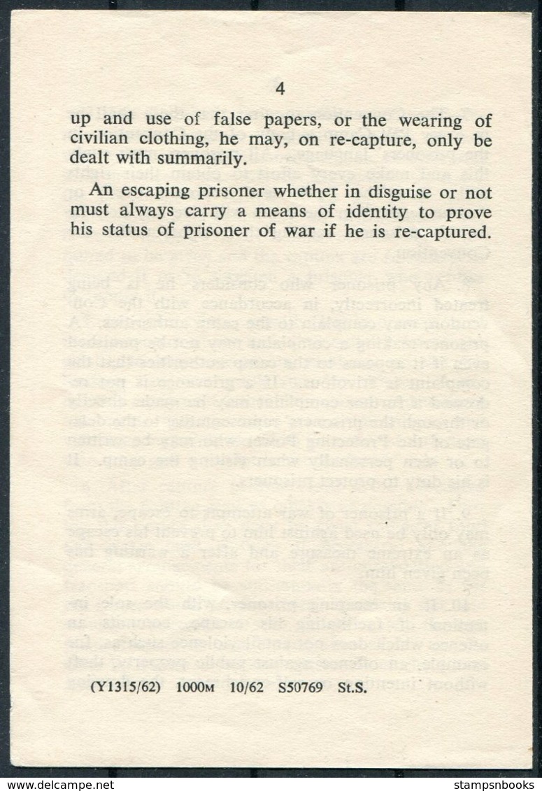 GENEVA PRISONER OF WAR CONVENTION 1949. British WAR OFFICE (1962?) Document - Decrees & Laws