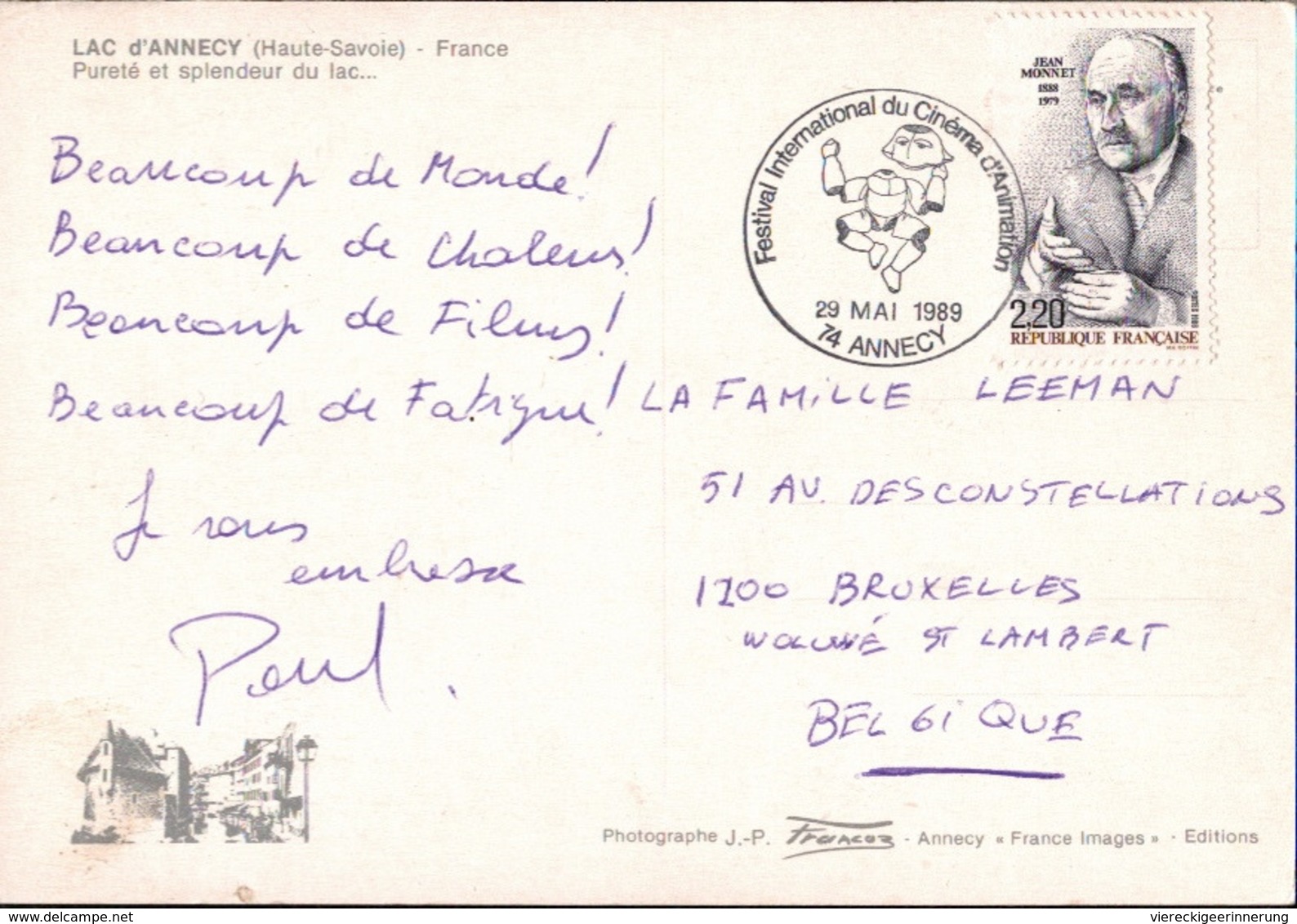 ! [74] CPM, Lac D'Annecy, Frankreich, 1989, Sonderstempel Festival Du Cinema D Animation - Annecy