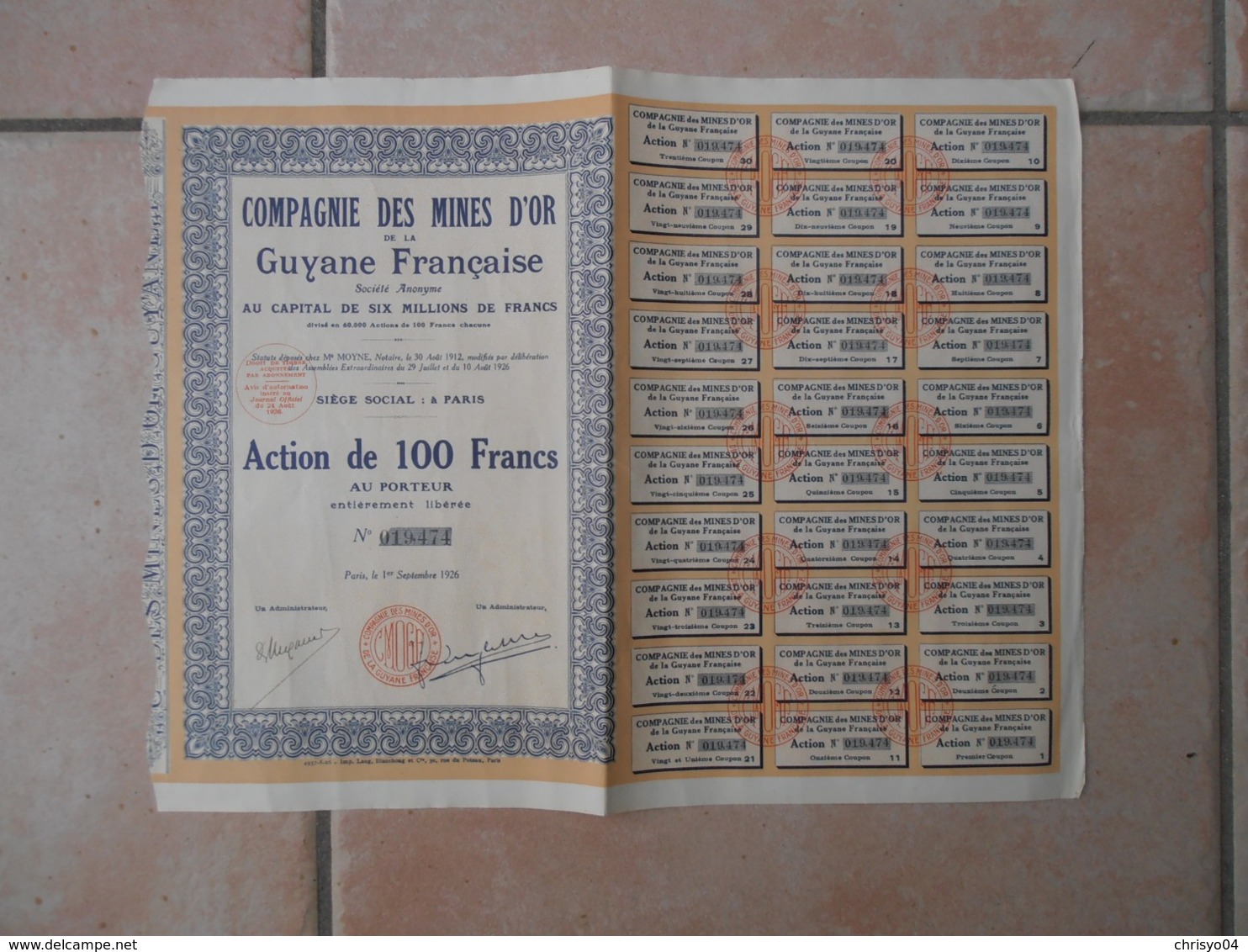 99Sv  Lot De 15 Actions De 100frs Au Porteur Mines D'or De Guyane Française - Autres & Non Classés