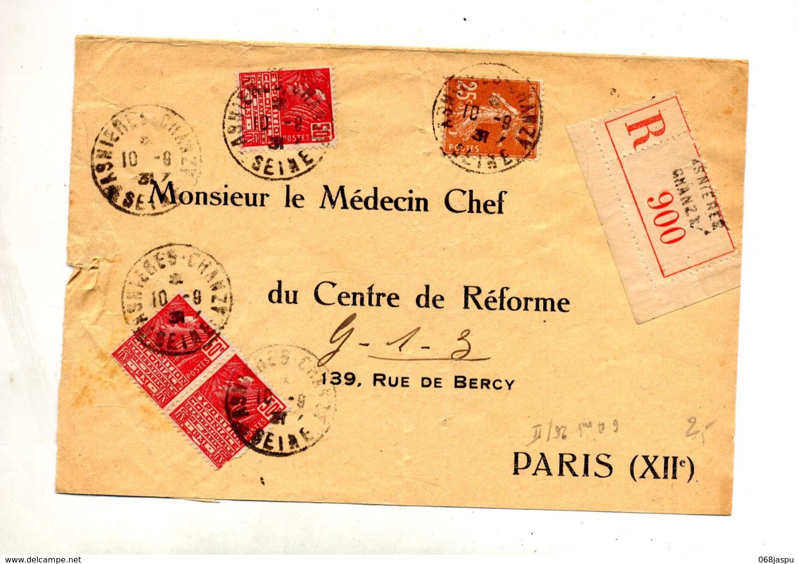 Lettre Recommandée Asnieres Sur Expo Coloniale Semeuse - Manual Postmarks
