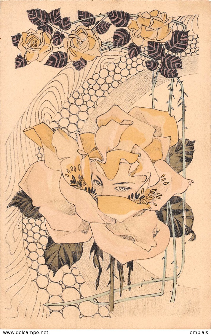 Illustrateur Carte Surréaliste - Femme Fleurs- Un Regard Dans Une Rose Au Ton Jaune. - 1900-1949