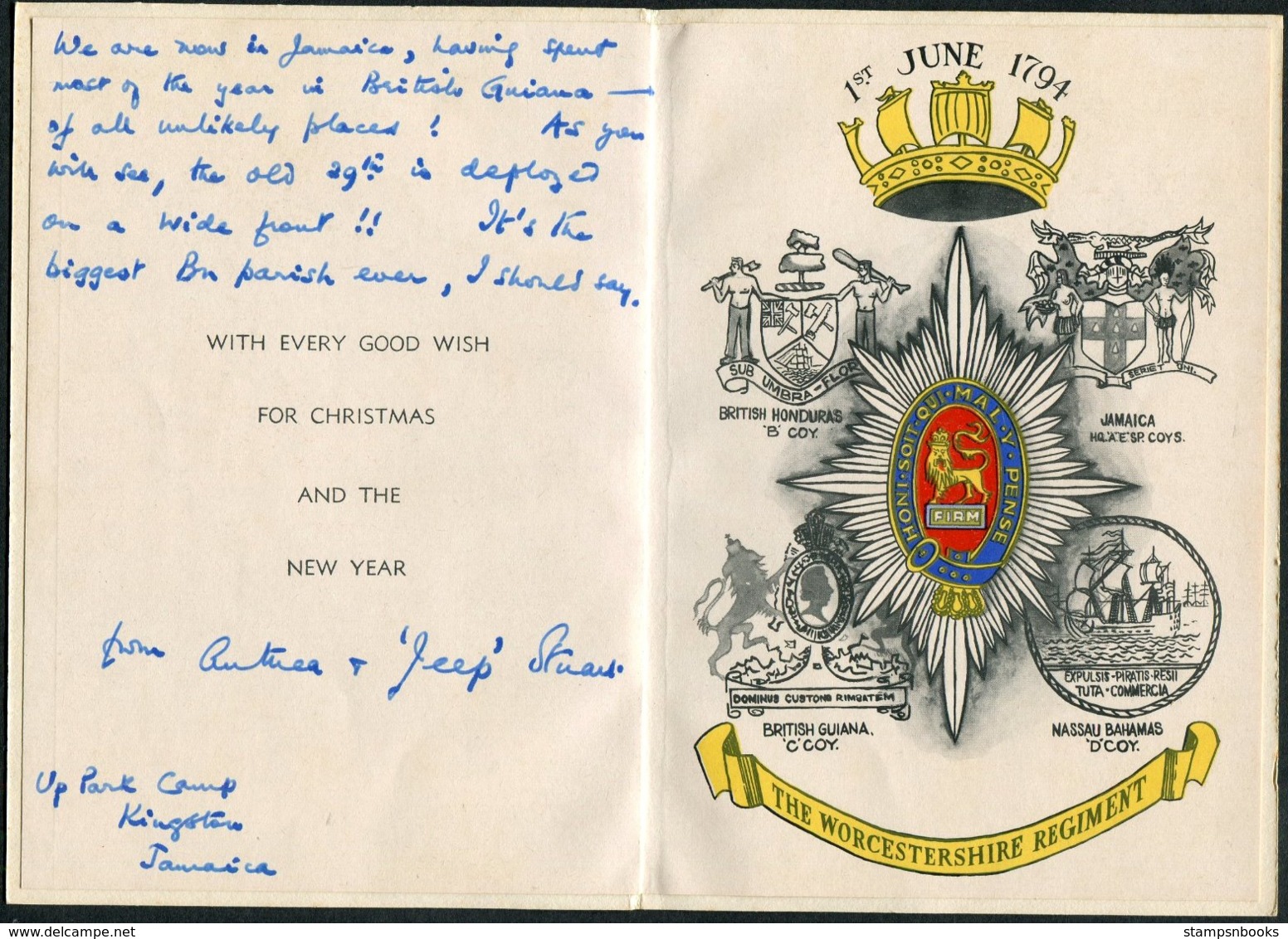 Circa 1959/60 British Army Worcestershire Regiment Christmas Card. Jamaica - Documenti