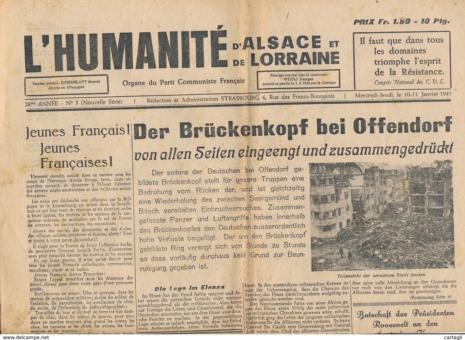 Humanité Alsace Lorraine 1945- B3719-  ( Edition,  Date , Contenu ,  état ... Scan)-Envoi Gratuit - Documents