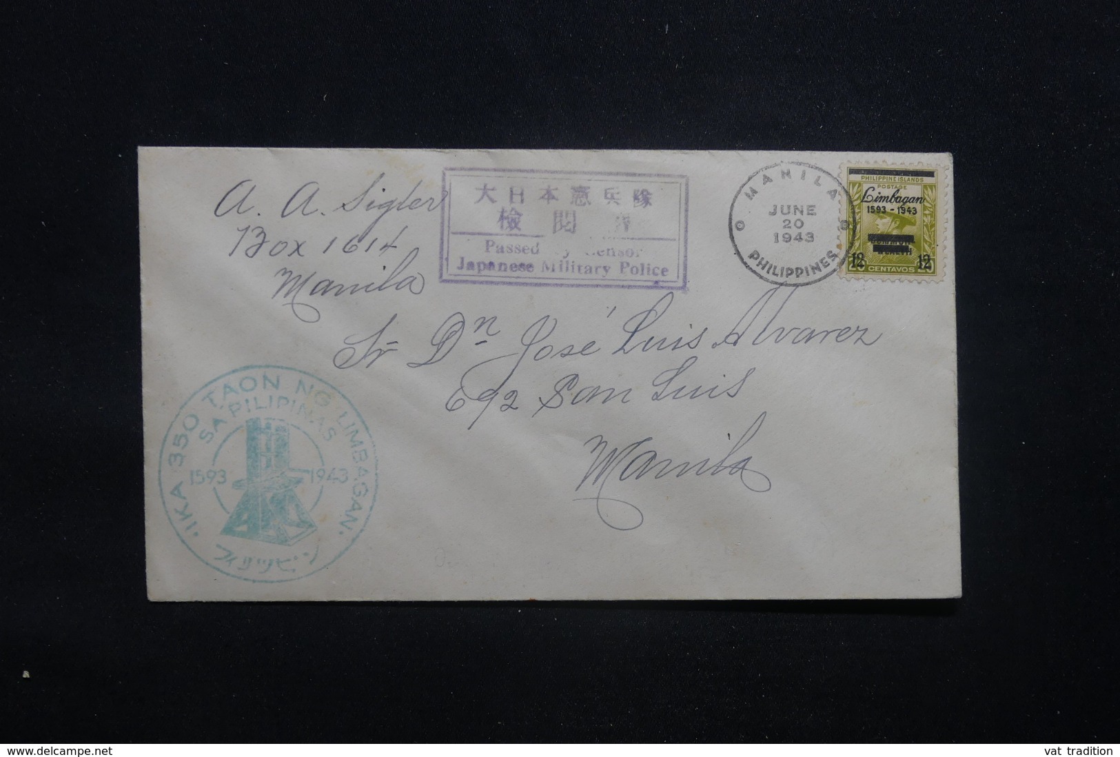 PHILIPPINES - Enveloppe De Manille En 1943 Avec Cachet De Contrôle Japonais, Affranchissement Plaisant - L 43607 - Philippines