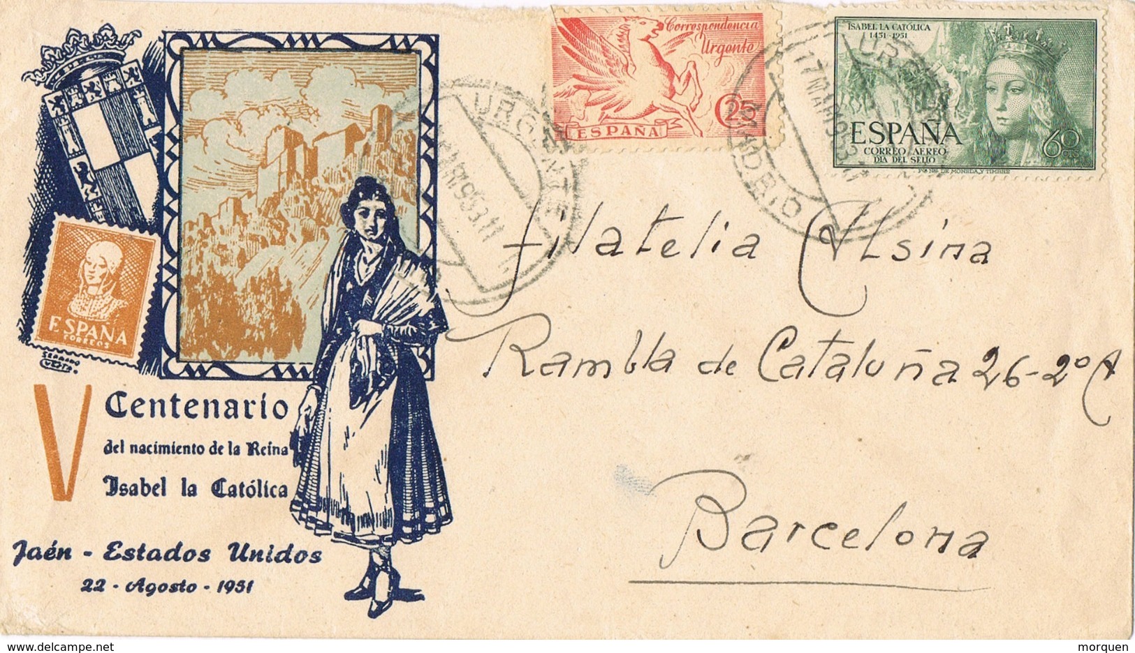 34153. Carta URGENTE MADRID 1953. Centenario Isabel Catolica. Fechadores Urgente - Cartas & Documentos