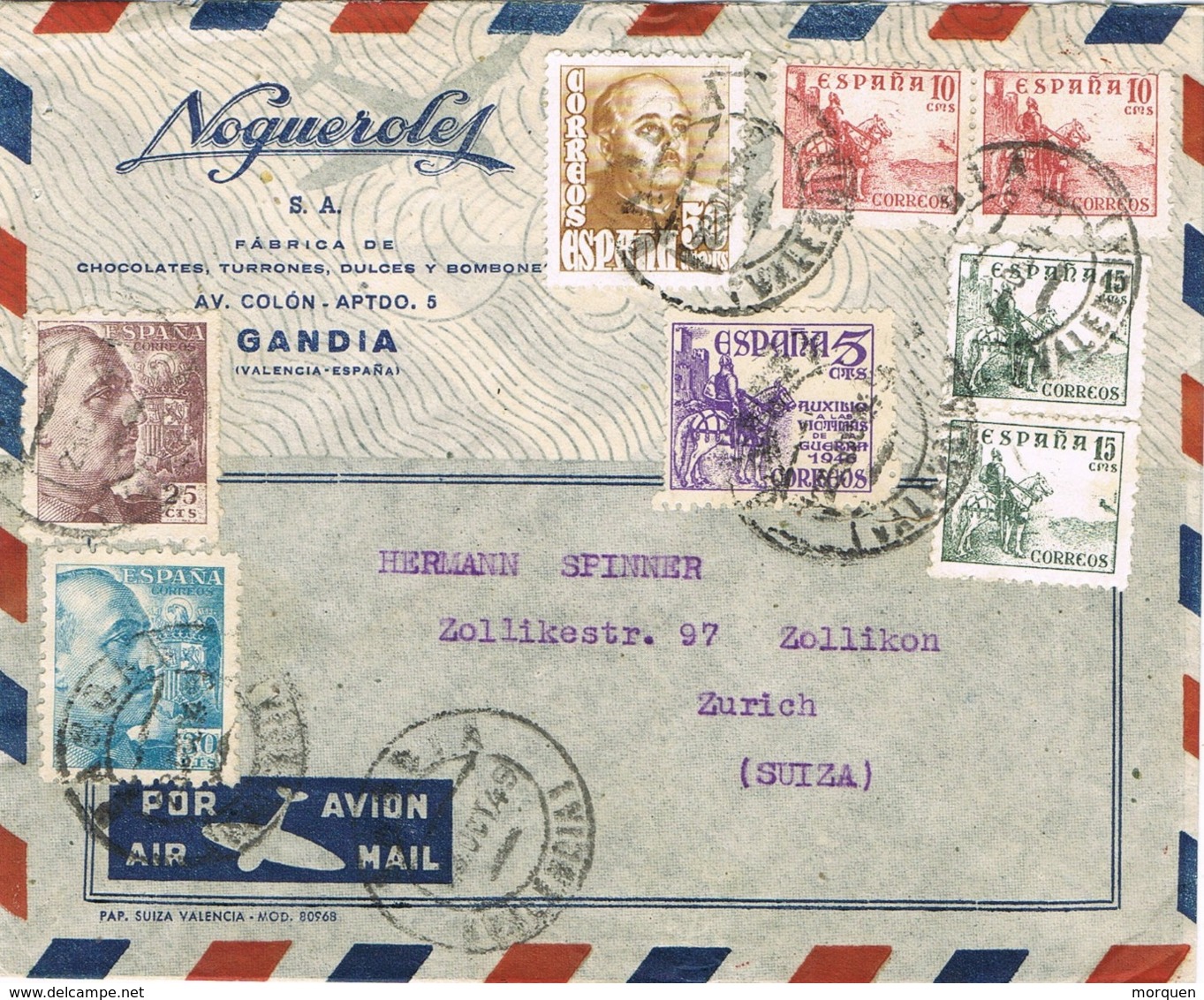 34154. Carta Aerea GANDIA (Valencia) 1949. Auxilio Victimas Guerra. AMBULANTE Denia Carcagente - Cartas & Documentos