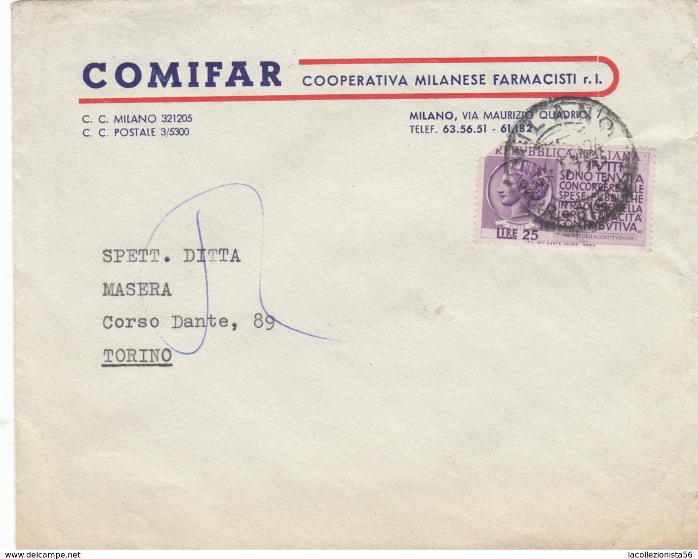 9564-BUSTA PUBBLICITARIA COMIFAR-COOP. MILANESE FARMACISTI-1954 - Pubblicitari