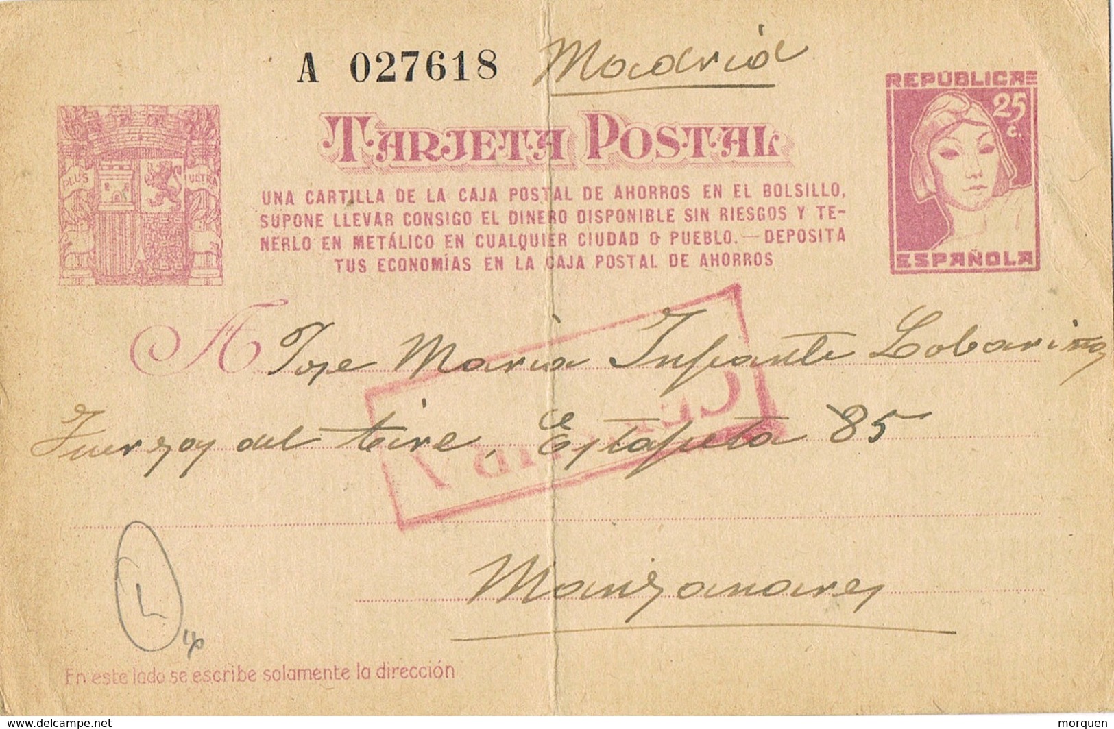 34156. Entero Postal A Manzanares (Madrid) Guerra Civil. CENSURA Militar. Edifil 78 - 1931-....